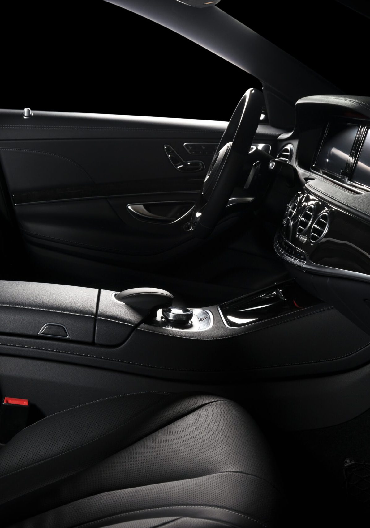 Modern luxury car  black leather interior, clipping path for windows included